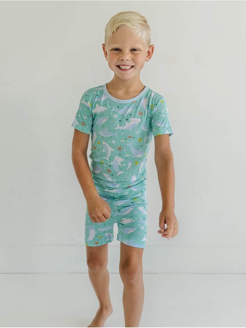 Little Sleepies Shark Soire Bamboo Pajama Short Set Unisex Boys Girls Size 7/8